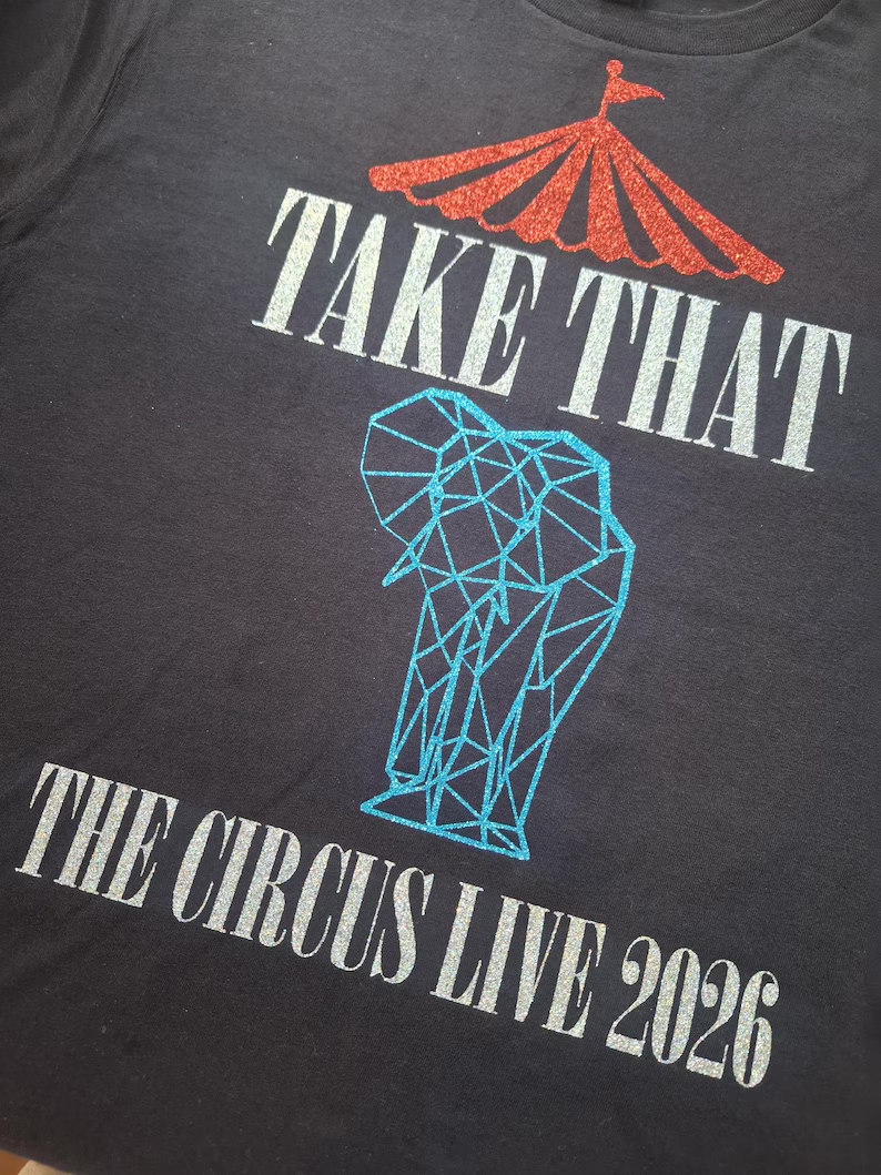 Take That inspired glitter Tshirt. The Circus Tour 2026: Glitter Elephant
